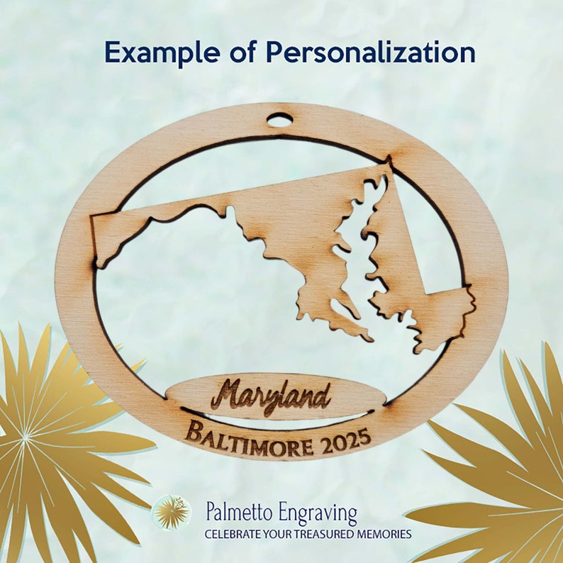 May include: A wooden ornament featuring a cutout of the state of Maryland with the text "Maryland" and "BALTIMORE 2025" below. The ornament is a circle with a light brown wood finish.