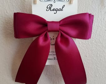 Regal, burgundy hair bow, satin ribbon, womens, ladies, girls, fancy, barrette, clip