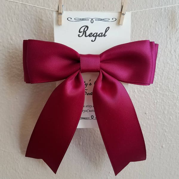 Regal, burgundy hair bow, satin ribbon, womens, ladies, girls, fancy, barrette, clip