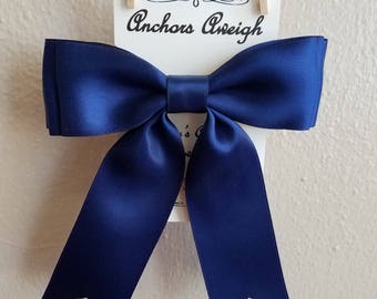 Anchors Aweigh, navy blue hair bow, satin ribbon, womens, ladies, girls, fancy, formal, barrette, clip