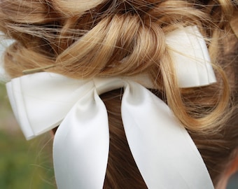 Elegance, ivory satin hair bow, ribbon, womens, ladies, girls, fancy, formal, barrette, clip