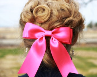 Joyful, hair bow, hot pink, satin ribbon, womens, ladies, girls, fancy, formal, barrette, clip