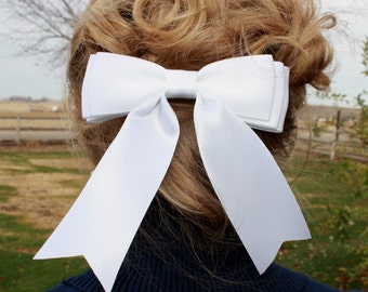 Lovely, pure white hair bow, satin ribbon, womens, ladies, girls, fancy, formal, wedding, barrette, clip