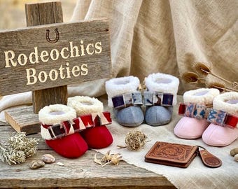 BABY  SHERPA BOOTIES-Custom made with Oregon P Wool Fabric Bows - RodeoChics Exclusive
