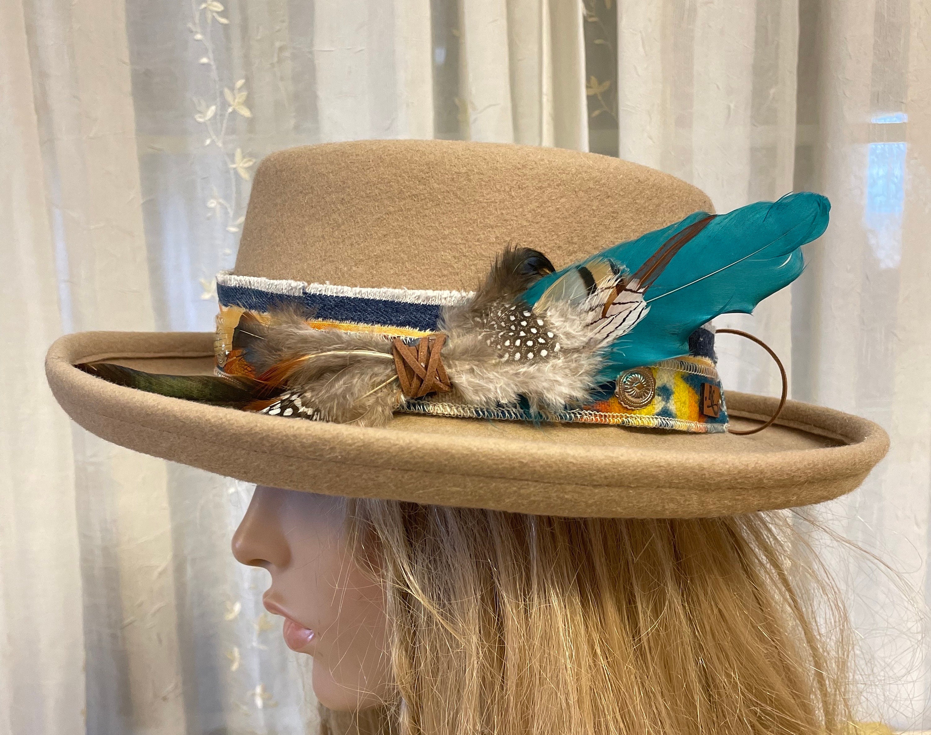 56cm Wool Bandana Banded Feathers Fedora Dress Hat Costume Ripple Edges