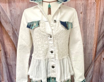 TEXAS BLUE-Custom White  Denim and Lace  jacket-PNW Wool accents-Rodeochics Exclusive-1 only