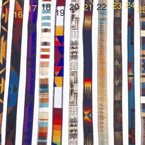 May include: Collection of woven belts with various geometric and tribal patterns. The belts feature a range of colors, including blue, green, red, and brown. Each belt has a unique design, showcasing intricate details and textures. The belts are displayed side by side.