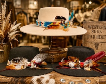 Feathered Western Hatband: Custom Pendleton or Italian Wool Cowgirl Hat