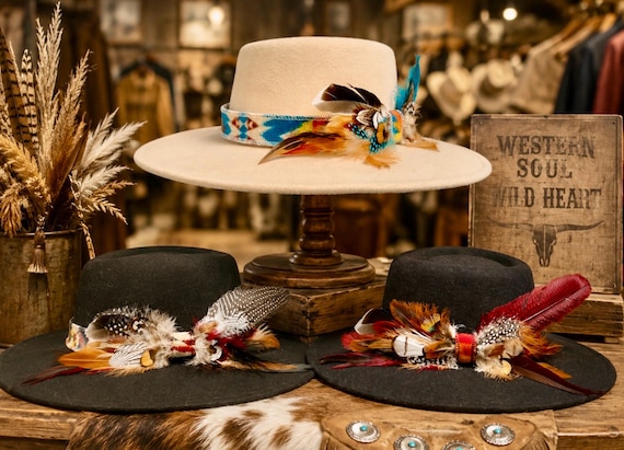 Feathered Western Hatband: Custom Pendleton or Italian Wool Cowgirl Hat