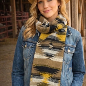 Handmade Wool Blend Fringed Scarf - Black & Gold Tribal Design-Siuslaw 1