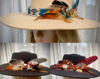 Feathered Western Hatband: Custom Pendleton or Italian Wool Cowgirl Hat