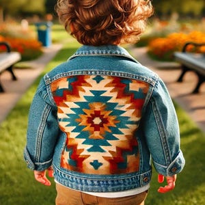 May include: A denim jacket with a colorful geometric design on the back. The jacket is blue with a button-up front and a collar. The geometric pattern features shades of red, orange, teal, and cream. The jacket is worn by a child.