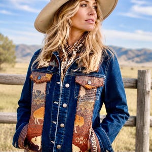 Jeansjacke oder -weste im Buffalo-Cowgirl-Stil – Maßanfertigung mit Akzenten im PNW-Buffalo-Muster