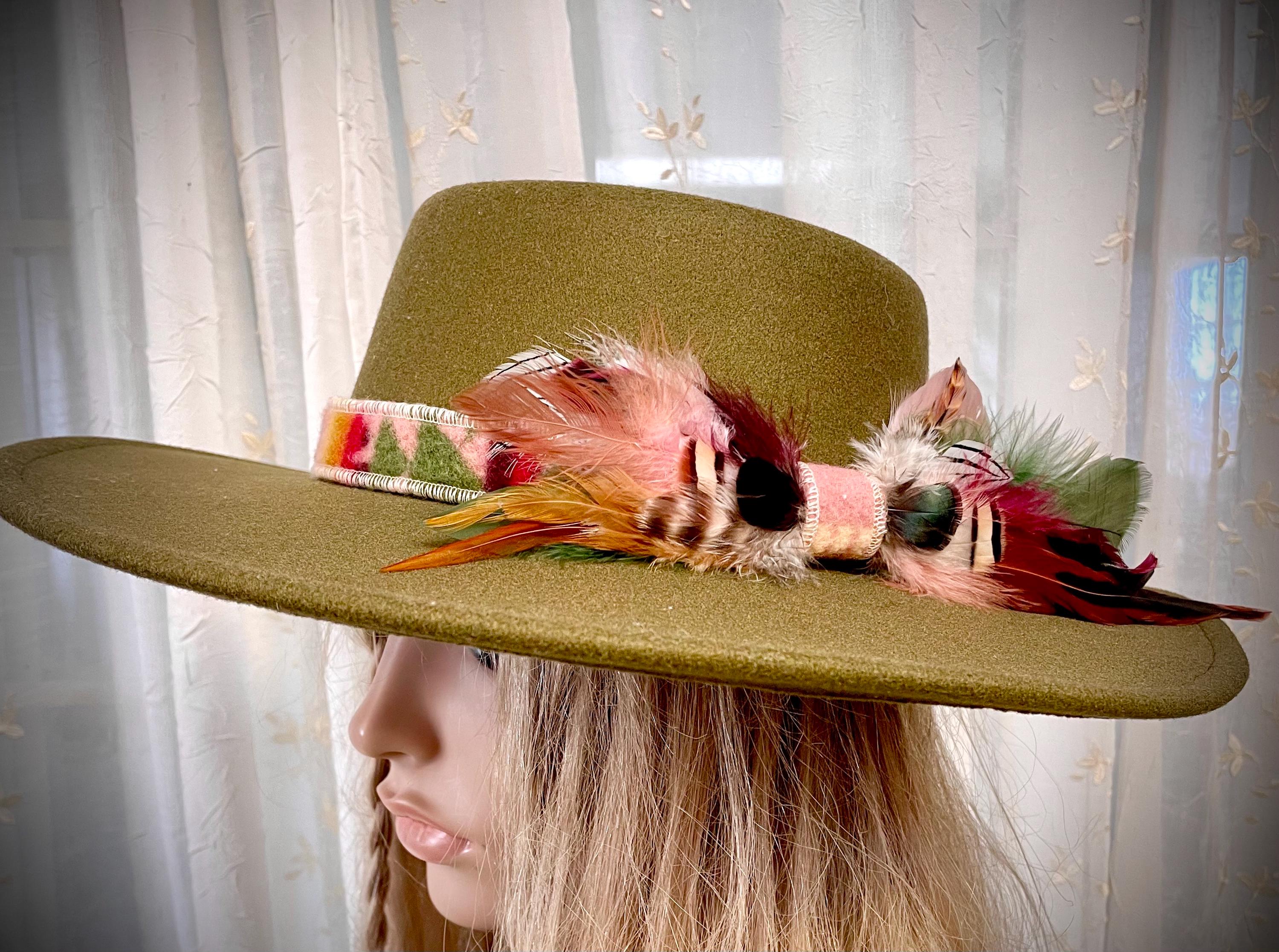 Custom Vintage Hammered Gold Metal Feather Decorated Band Brown Wool Ran… Metal Feather Laredo – Burned Brims main image 3