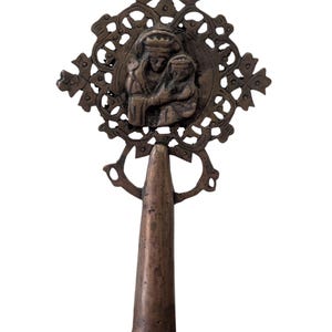 Antique Ethiopian Orthodox Christian Handheld Cross Carved Virgin Mary Holding infant Jesus