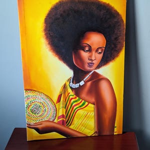African Ethiopian Woman Afro Hair Style Hand painted On Canvas Wall Hanging, Art