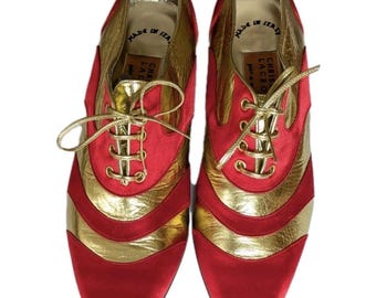New Christian Lacroix Red & Gold Designer Shoes – Made in Italy – Statement Lace-Up Heels