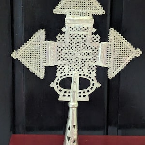 Large Handmade Orthodox Coptic Silver Processional Cross Ethiopia Home Decor, Art