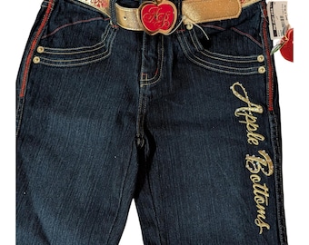 Vintage Apple Bottoms Jeans Y2K Dark Wash with Gold Embroidery & Belt (Kids 12)