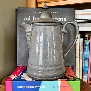 Antique 1890s Manning Bowman Ironware Lipped Grey Graniteware enamel & Pewter Coffee Pot 4700 Series Rustic Farmhouse Campy Cottagecore