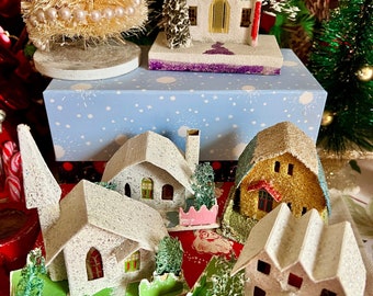 Fun Kitschy Vintage Putz Cardboard Village Houses Christmas Display Japan Mid-Century Retro Christmas Ornaments