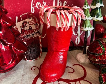 Sweet Vintage Christmas Papier Mache German Santa's Boot Candy Container 8" Tall