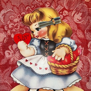 Entzückende Vintage Valentinstag Karte mit Spruch I'm In the Market for Your Heart Be My Valentine Valentine A Meri Karte kleines Mädchen 1940er Jahre