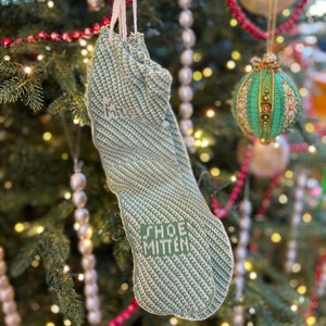 Rare Fun Find Pair of Vintage Christmas Green & White Knit Shoe Mitten Sock Ornaments Fill w/St. Nick Candy Treats