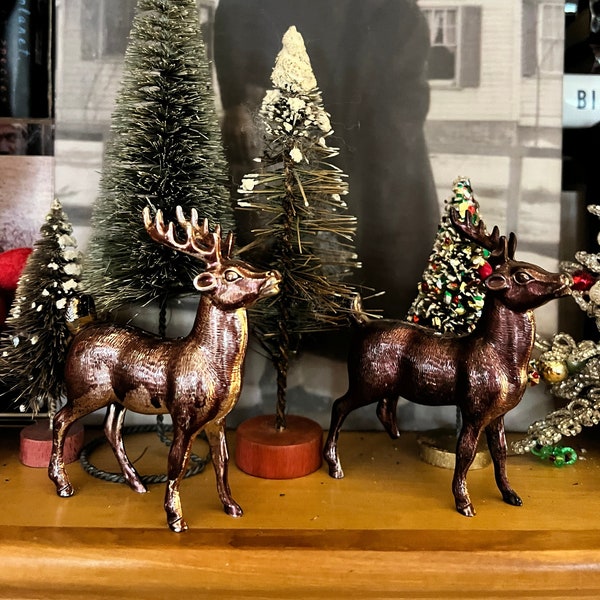 Pretty Kitschy Vintage Plastic Shiny Brown Reindeer Christmas Ornaments Atomic Xmas Decorations