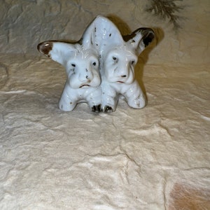 May include: A white ceramic figurine of two dogs with brown ears and accents. The dogs are facing forward with their heads touching.