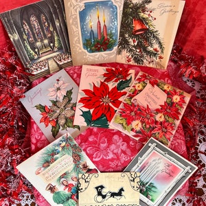 Meravigliosi biglietti d'auguri di Natale vintage vecchio stile Scegli: Stella di Natale rossa; Campana e pino; Stella di Natale bianca/rossa; Candele; Carrozza; Chiesa