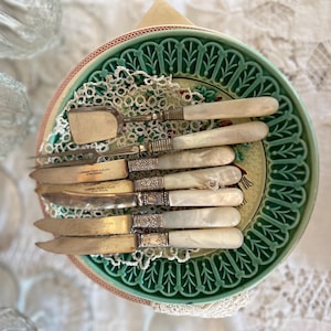 Vintage Mother of Pearl Repousse Sterling Silver Ferrule Landers, Frary & Clark Aetna Works Fruit Cheese Knives Cottagecore Shabby Chic