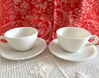 Beautiful Vintage White Milk Glass Tea Cups and Saucers Cottagecore Shabby Chic