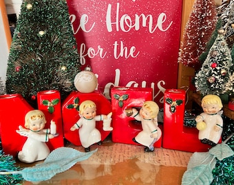 Darling Vintage Christmas NAPCO Red Ceramic NOEL Letters Angel Figurines Happy Yuletide Quartet Vases & Candleholders
