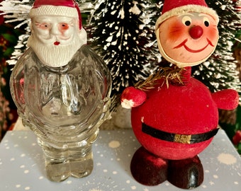 Vintage Santa Claus St. Nick Candy Containers: Glass Santa Head Hard Plastic Cap JH Millstein & Paper Mache Nodder Head Santa