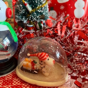 Sweet Retro Vintage 1960s Plastic Christmas Snow Globe: Santa Elf, Snowman Santa with Sleigh Reindeer, Spotted Snoopy Dog Sled Gifts