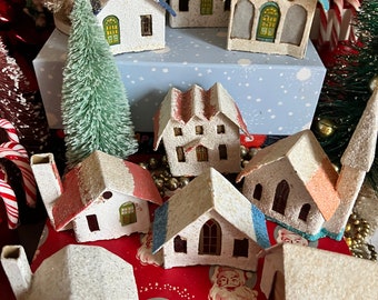 Pretty Vintage Putz Cardboard Christmas Village White Mica Cardboard Houses Japan MCM Ornaments