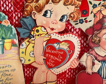 Darling Vintage Kitschy Mechanical Big Eyed Girl Valentine's Day Card "Valentine I'm Strong For You"