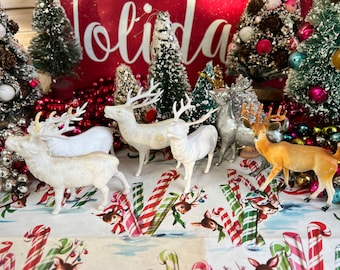 Kitsch Deer Figurines Vintage Celluloid Plastic Santa&#39;s Reindeer Atomic Xmas Display Retro Christmas Ornaments Choose From Menu White/Silver