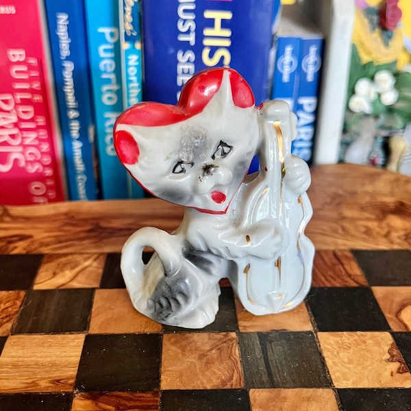 Kitschy Anthropomorphic Jazz Cat Ceramic Figurine Playing Bass Cello Stringed Instrument Heart Spade Clubs Diamond Cards Japan MCM