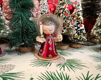 Sweet Vintage Spun Cotton Red Mylar Foil w/Mica Pipe Cleaner Christmas Angel Holding Candle Ornament Japan 3" Figurine Atomic Xmas Kitschmas