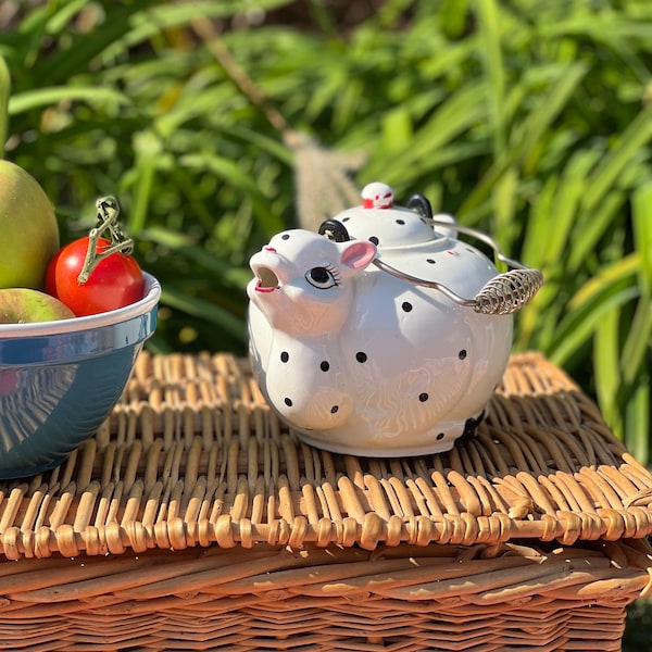 Cute Rare 1950s Vintage Anthropomorphic Deer White Ceramic W/ Black Polka Dots Tea Pot Kettle Kitschy MCM Japan