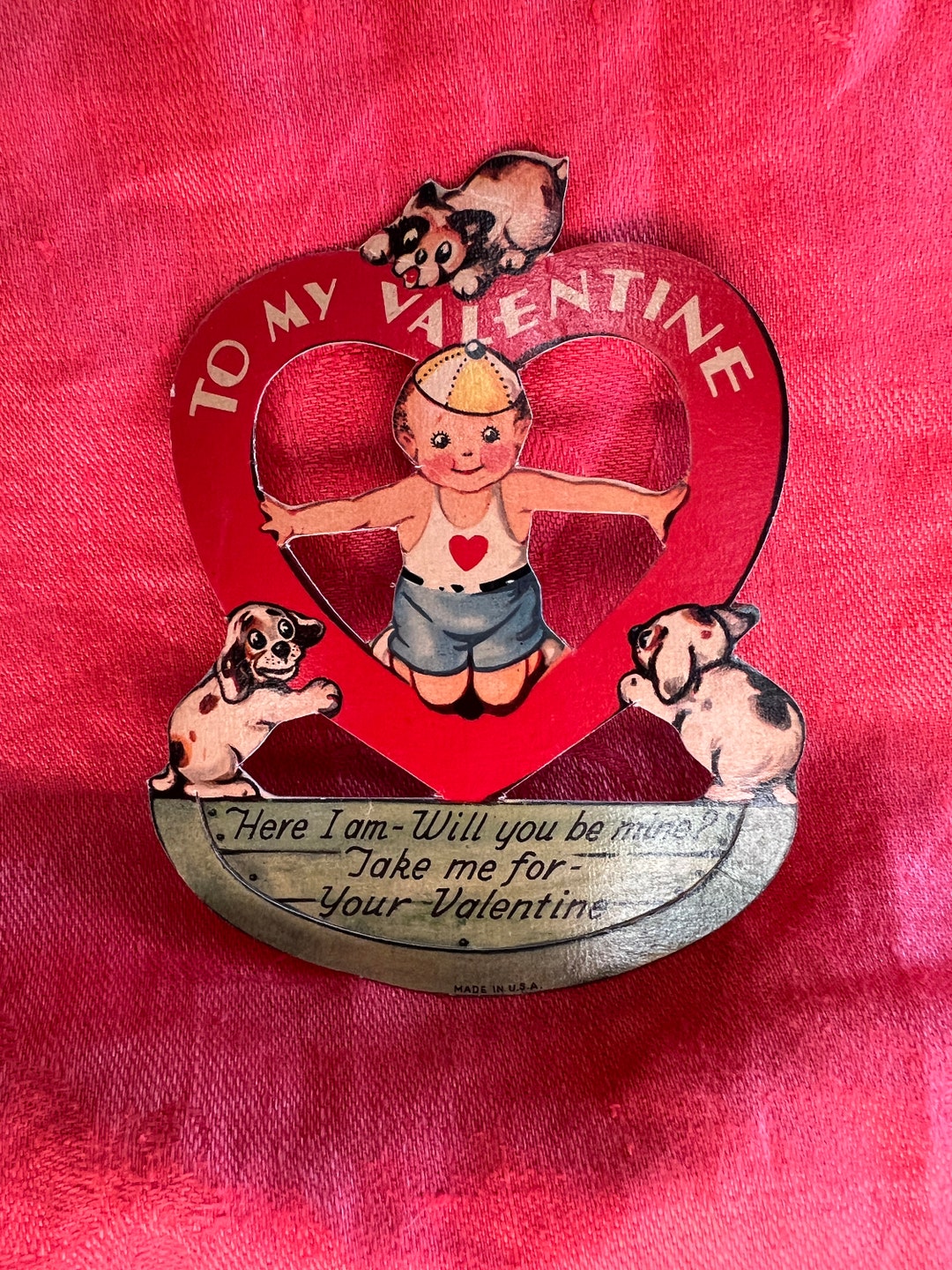 Vintage Die Cut Valentines Day Card here I Am Will You Be Mine Take Me