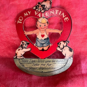 Vintage Die Cut Valentines Day Card &quot;Here I am Will you be Mine? Take Me For Your Valentine&quot; Boy Inside Heart With Puppies