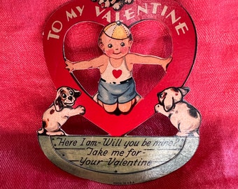 Vintage Die Cut Valentines Day Card "Here I am Will you be Mine? Take Me For Your Valentine" Boy Inside Heart With Puppies