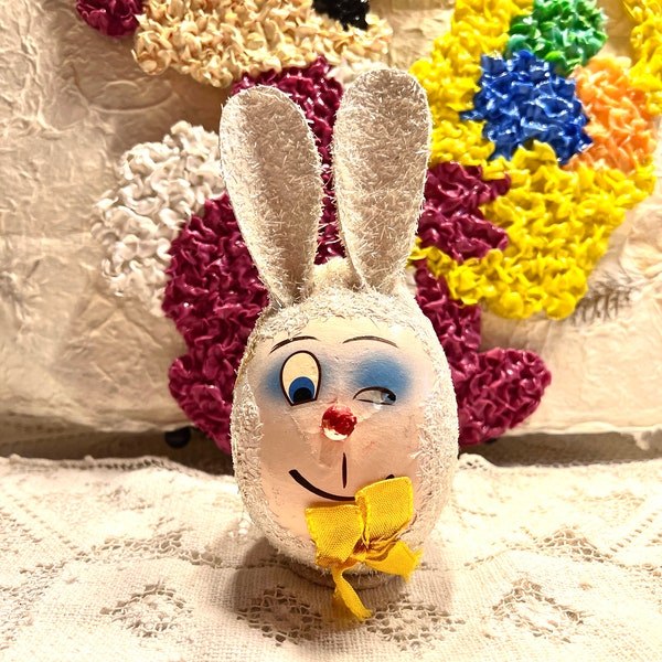 Super Cute Vintage Paper Mache Bunny Winking Easter Rabbit Head Papier-mâché Candy Container West Germany 1950s