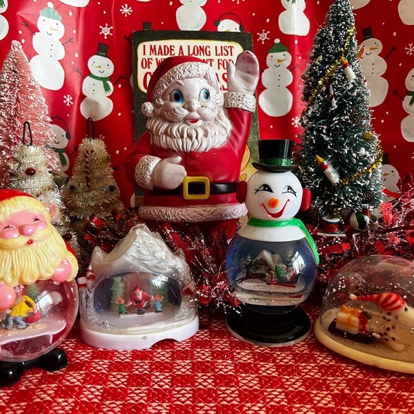 Sweet Retro Vintage 1960s Plastic Christmas Snow Globe: Santa Elf, Snowman Santa with Sleigh Reindeer, Spotted Snoopy Dog Sled Gifts