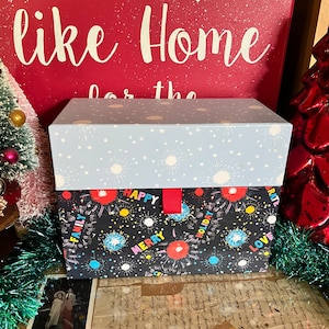 Divertido portatarjetas navideño vintage con tapa, caja para exhibir regalos navideños