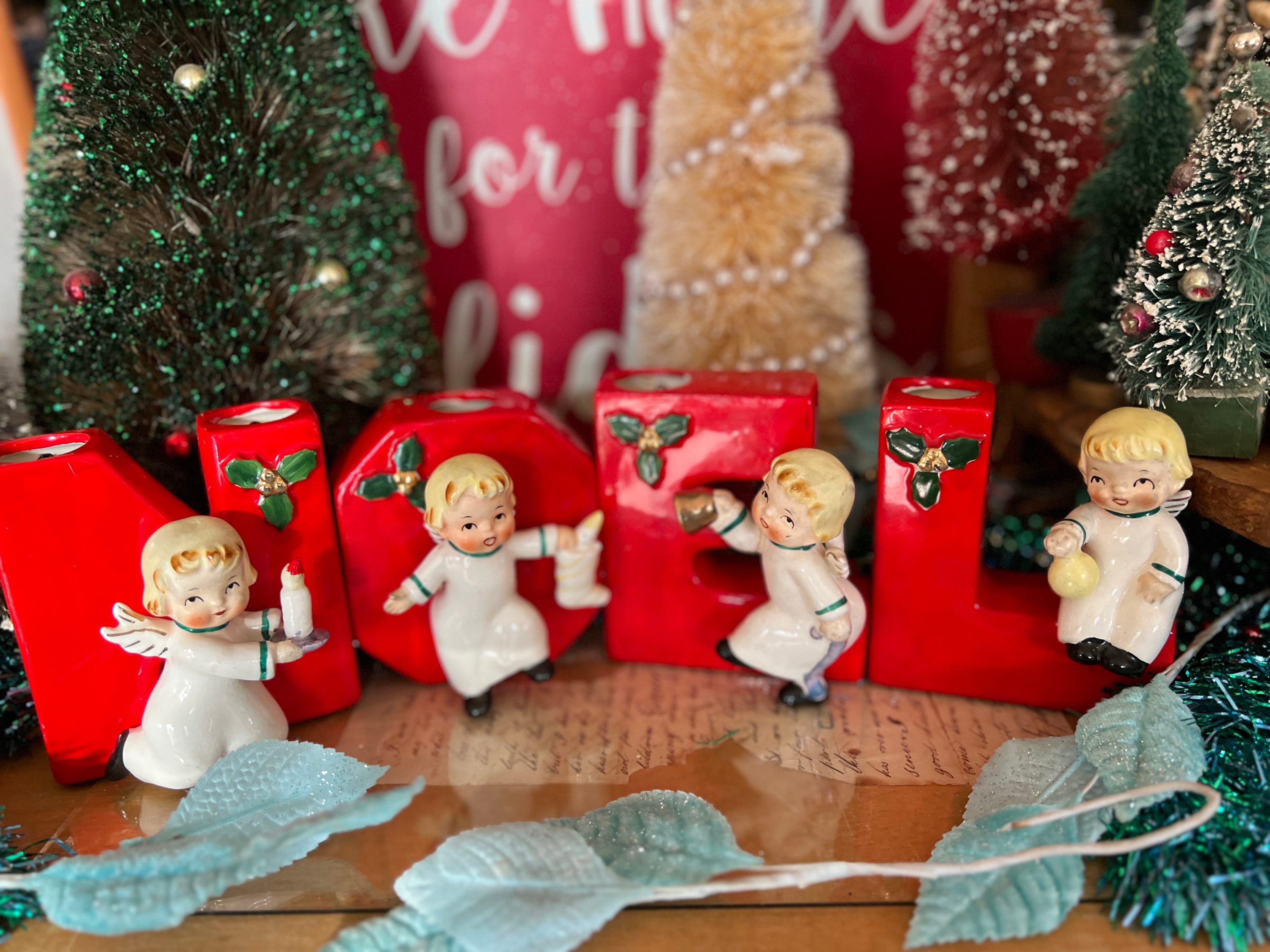 Darling Vintage Christmas NAPCO Red Ceramic NOEL Letters Angel