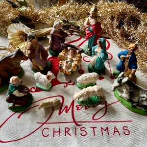 Belle crèche vintage pour crèche Marie, Joseph, l'enfant Jésus, mouton, berger, sages, taureau, composition Italie Allemagne